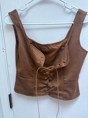 Lace-Up Brown Cropped Tank Top for Women